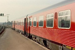 DSB MR 4001/4002 photographed at the railway station in Fredericia when it was presented to the public.7. April 1978.  The MR class was purchased from 1978 to 1985 in a number of 98. The first 30 were built by Uerdingen in Germany, the rest by Scandia in Denmark. Dieselhydraulic Deutz engine. 325 hp. Max speed 120 km/h - 75 mph. Length each unit 22 335 mm. Weight 34,5 metric tonnes. One trainset consists of two units. In 1995 - 1997 renovated and painted in a white/red colourscheme. Increased max. speed to 130 km/h - 81 mph. MR 2002 was in 2000 renumbered to MR 4043.